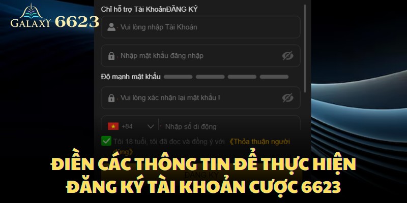 Điền các thông tin để thực hiện đăng ký tài khoản cược 6623